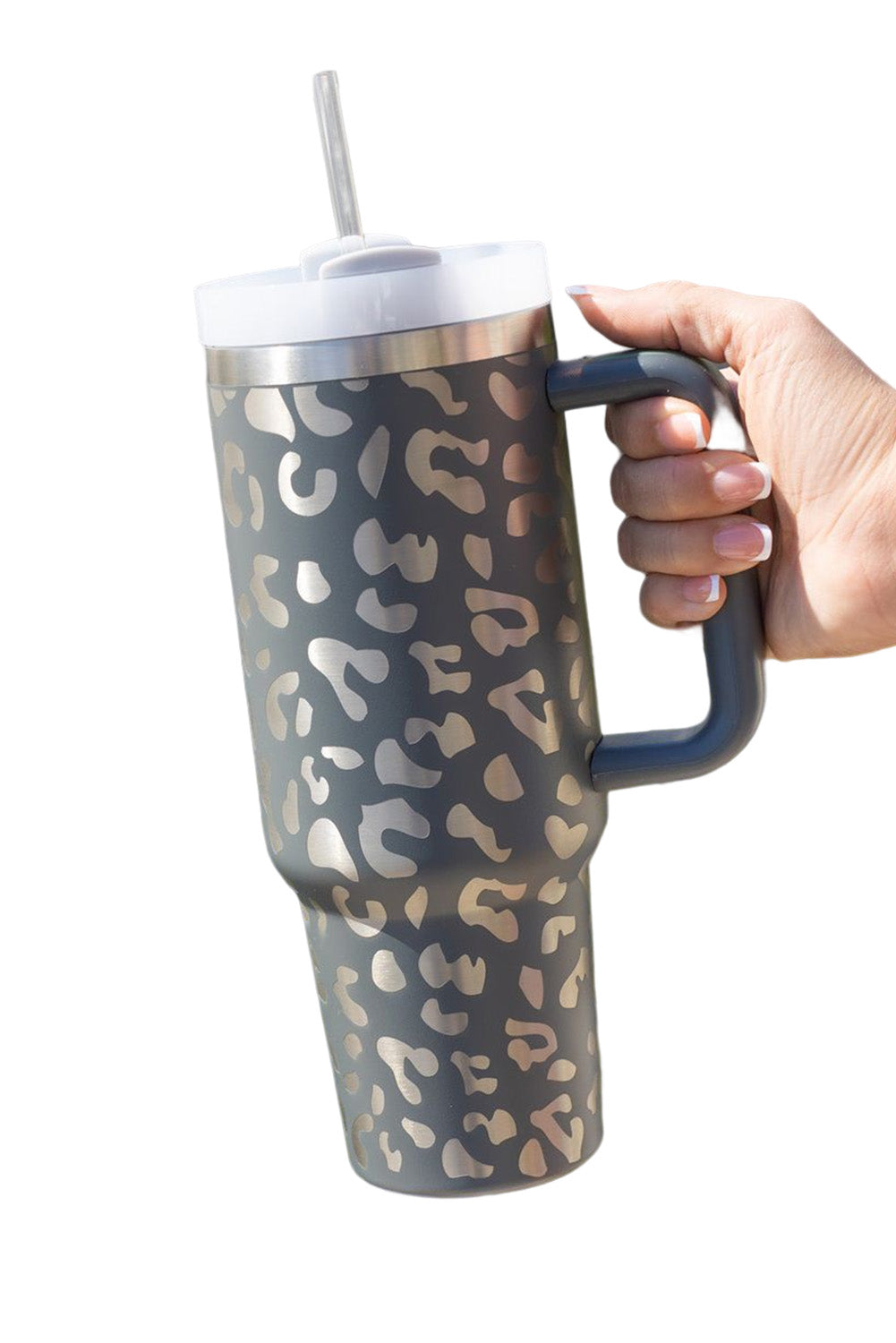 Gray Leopard Print 40OZ Stainless Steel Portable Cup with Handle - The Red Leopard Boutique 