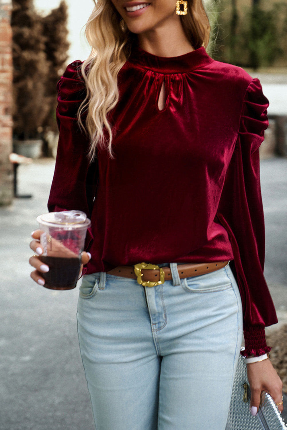 Fiery Red Mock Neck Puff Sleeve Velvet Blouse - The Red Leopard Boutique 