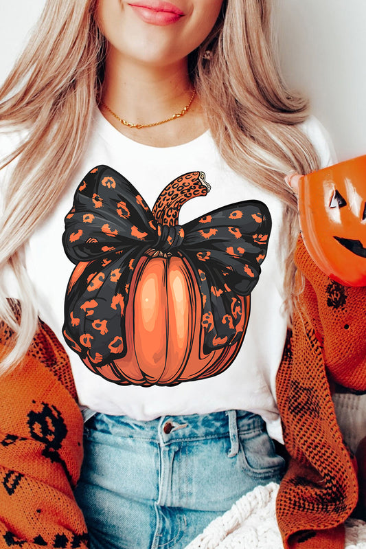 White Bowknot Pumpkin Graphic Crewneck T Shirt