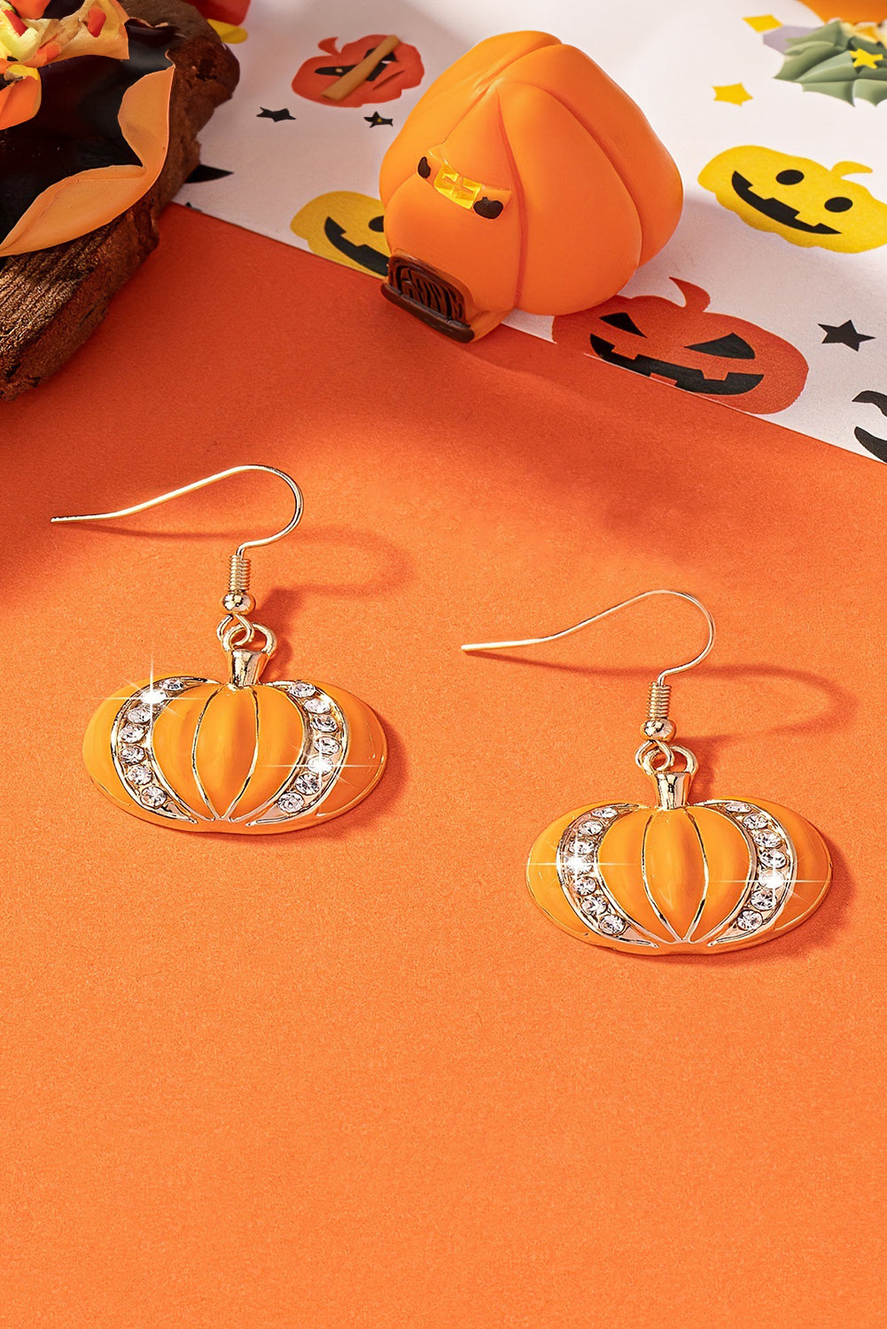 Orange Rhinestone Pumpkin Hook Earrings