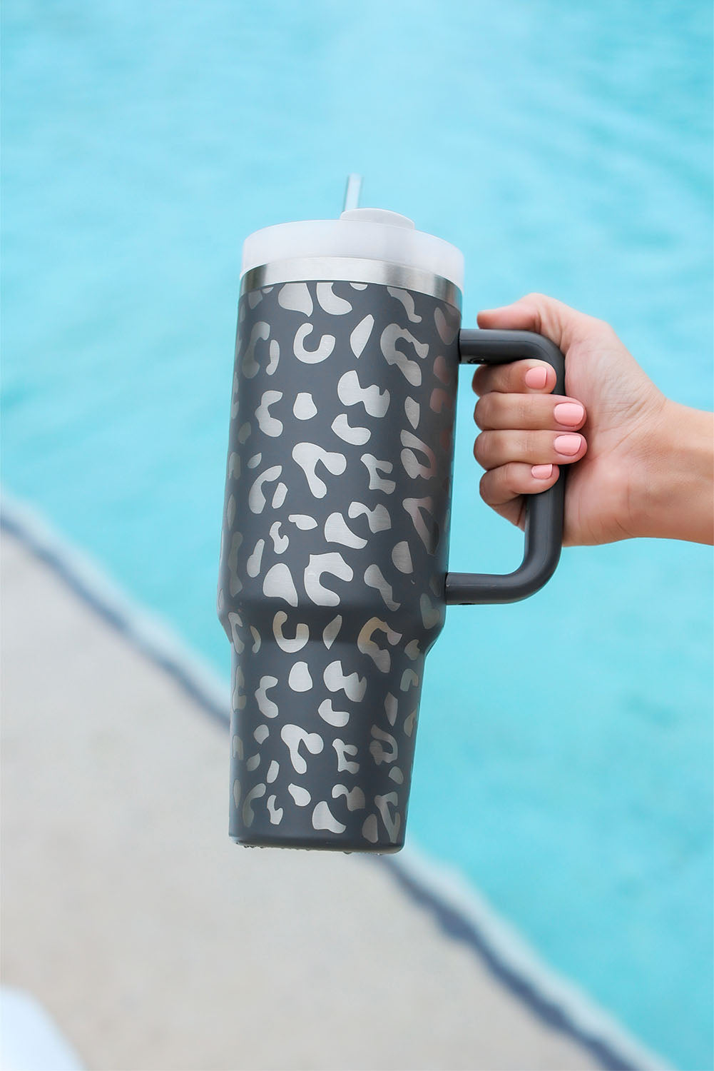 Gray Leopard Print 40OZ Stainless Steel Portable Cup with Handle - The Red Leopard Boutique 