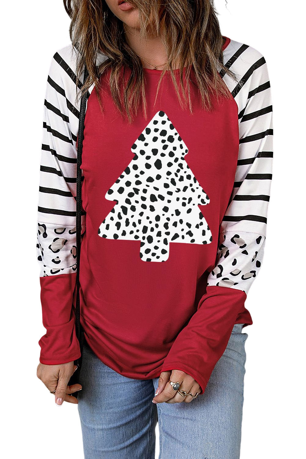 Red Leopard Christmas Tree Striped Graphic Top