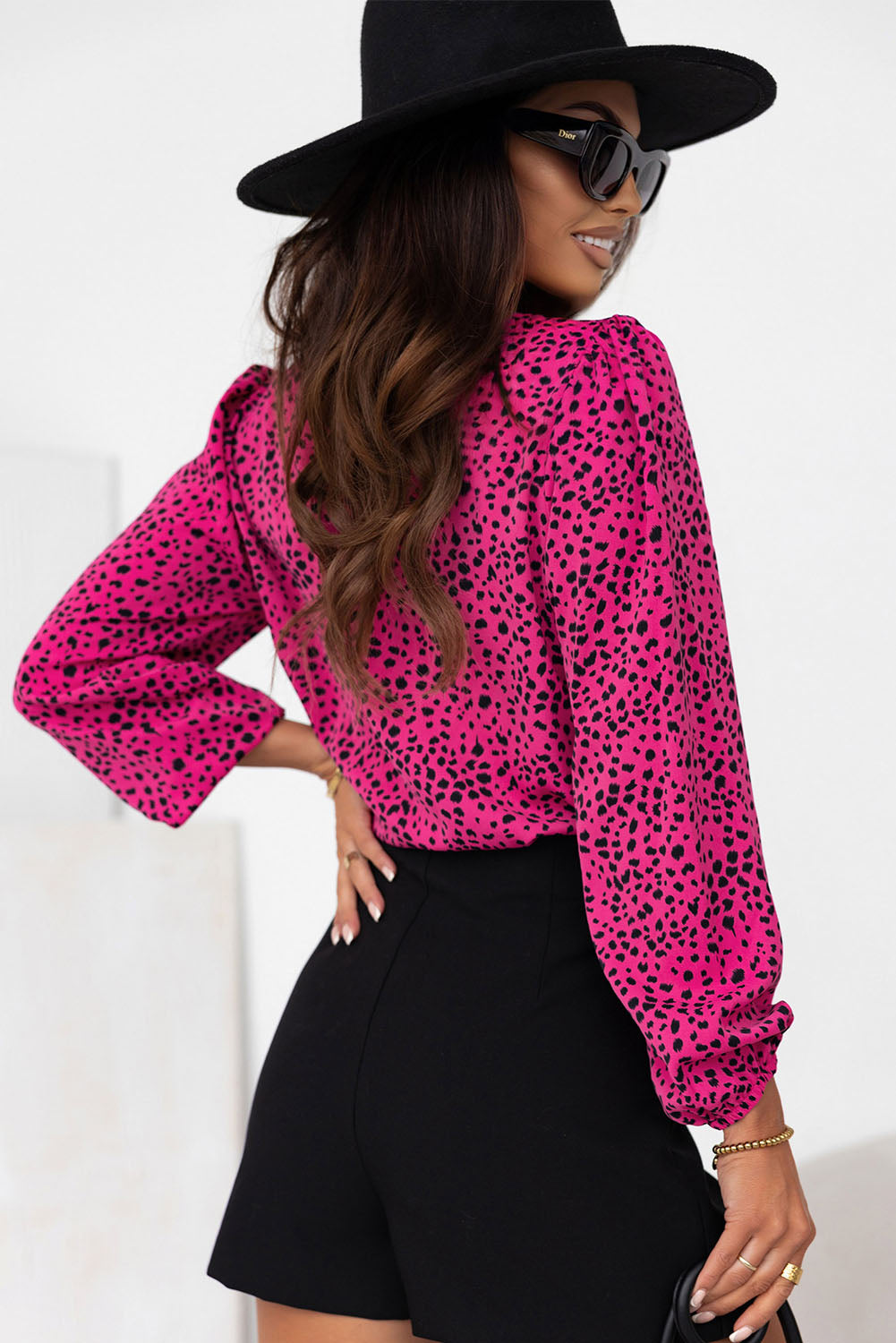 Rose Leopard Print Pleated Blouse with Keyhole - The Red Leopard Boutique 