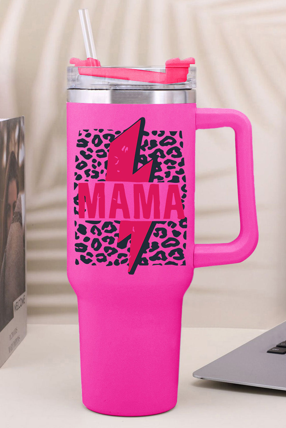 Rose Mama Lightning Leopard Print Straw Stainless Steel Insulate Cup 40oz