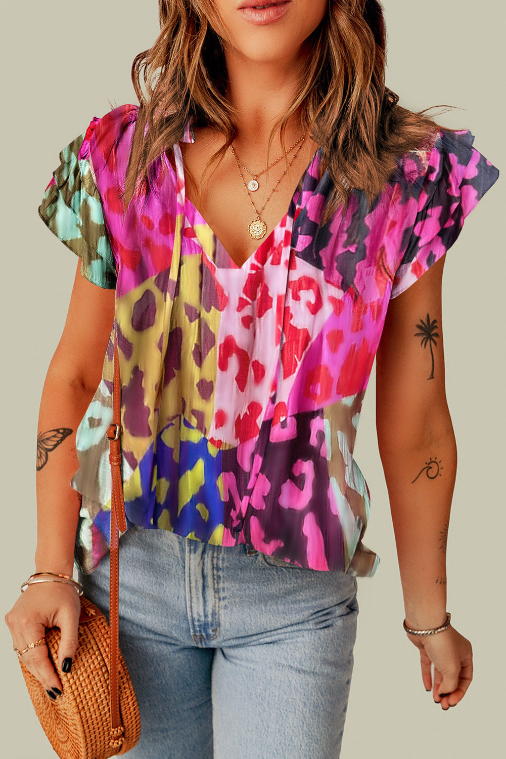 Multicolour Leopard Flutter Sleeve V Neck Crinkled Blouse