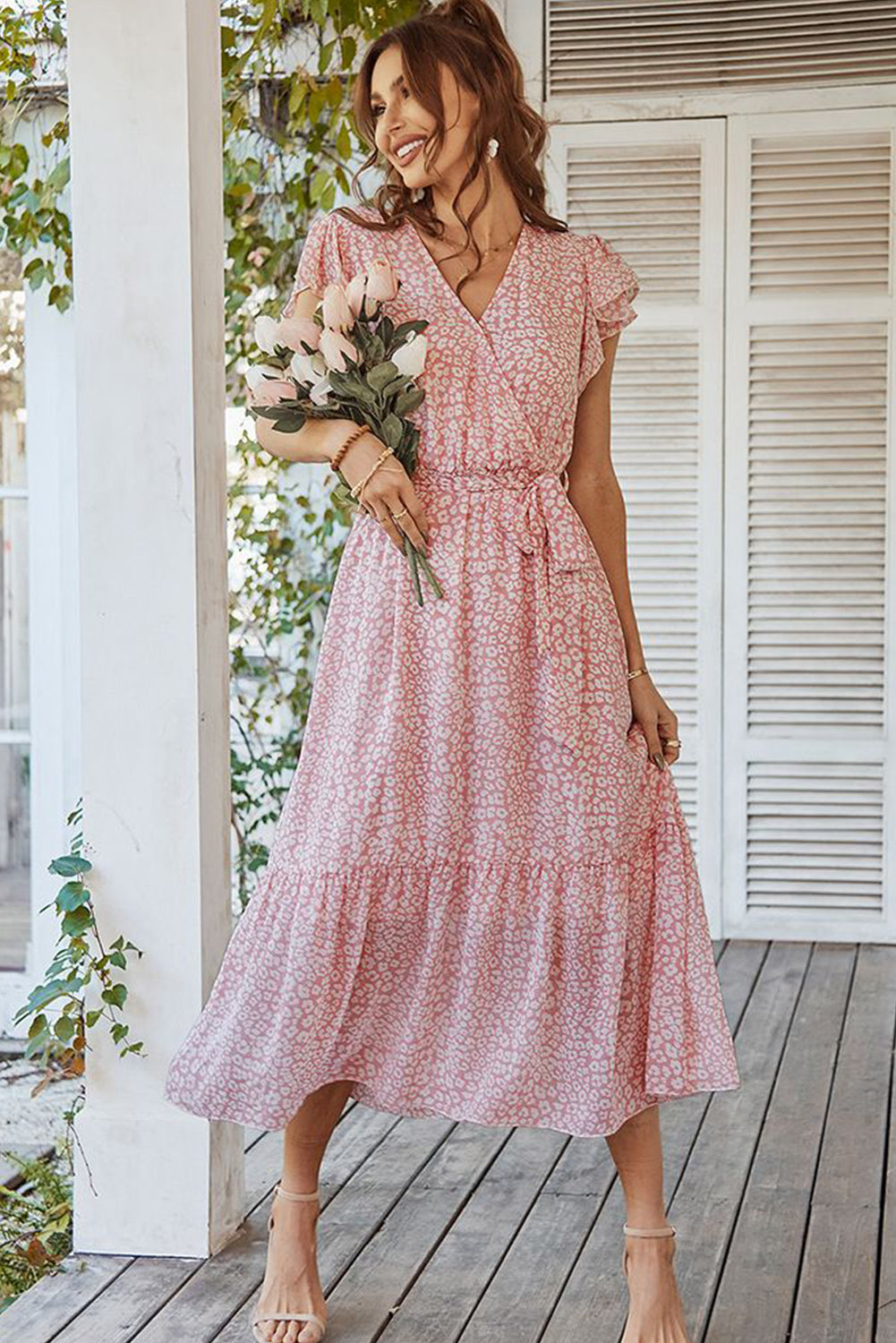 Pink Leopard Surplice Ruffled Sleeve Tiered Long Dress - The Red Leopard Boutique 