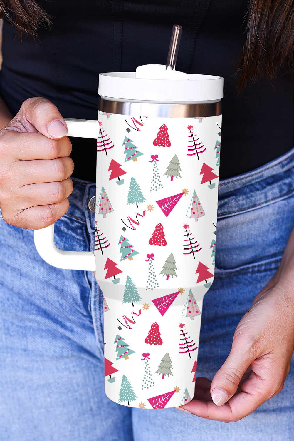 Black Cartoon Christmas Tree Printed Thermos Cup