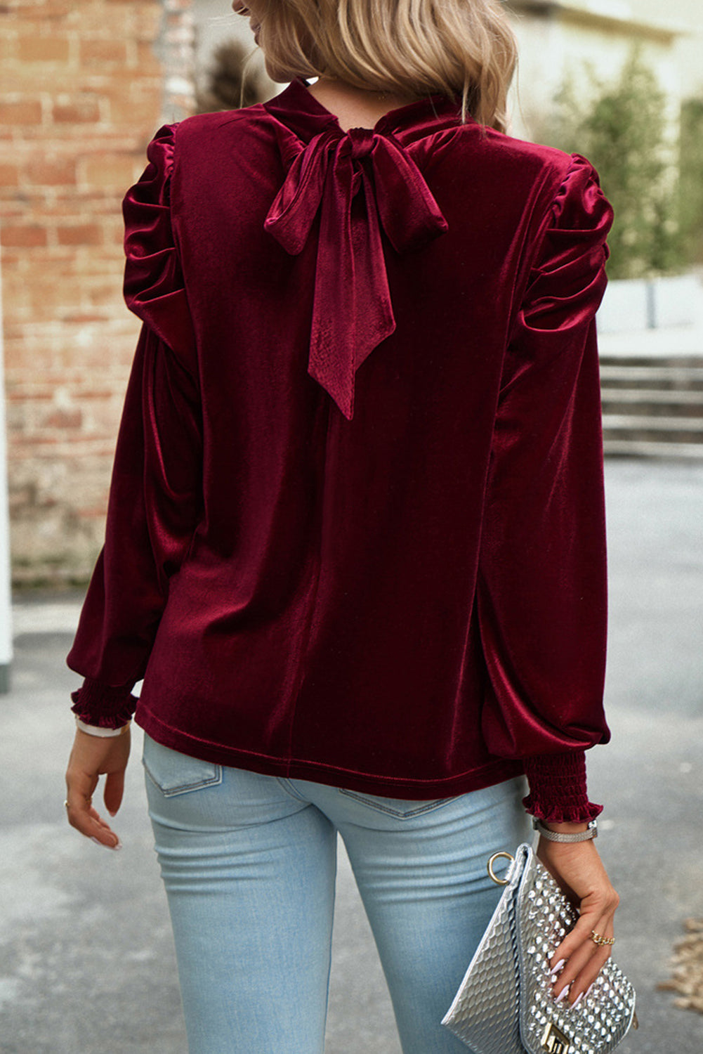 Fiery Red Mock Neck Puff Sleeve Velvet Blouse - The Red Leopard Boutique 