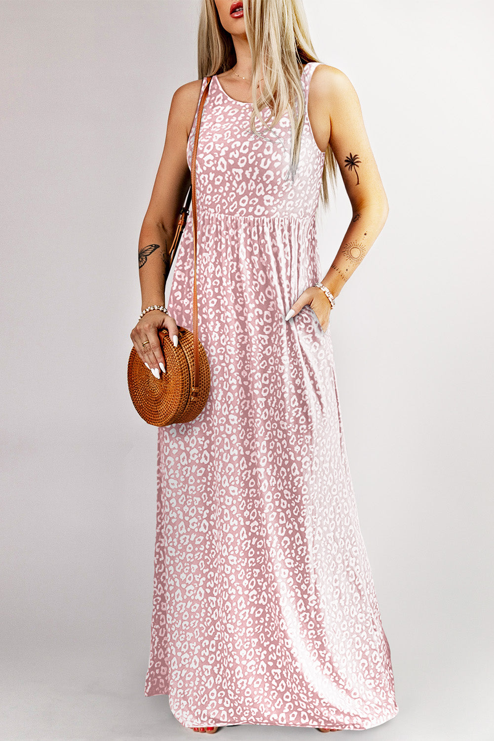 Pink Leopard Print Pocketed Sleeveless Maxi Dress - The Red Leopard Boutique 