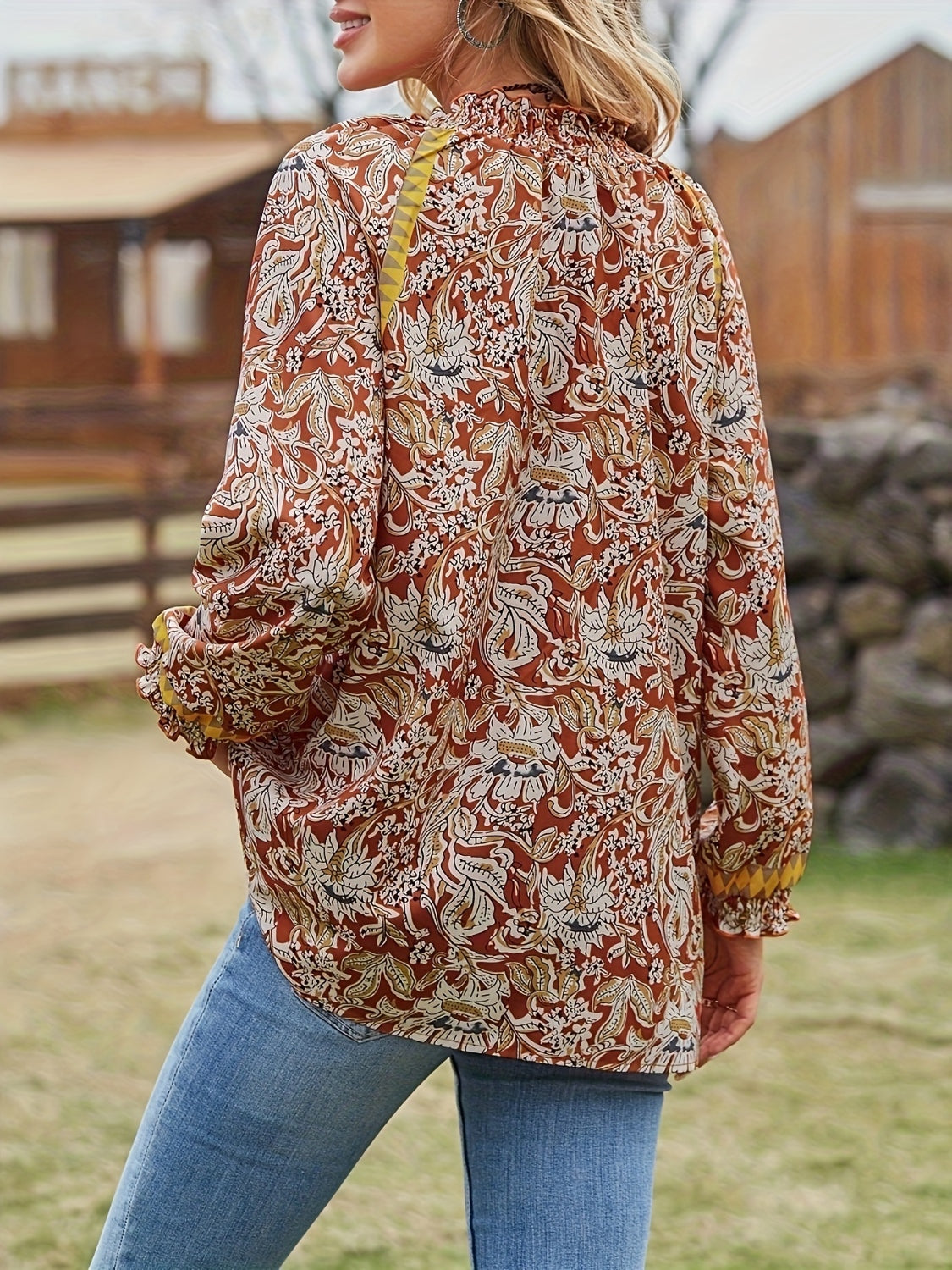 Full Size Printed Notched Long Sleeve Blouse