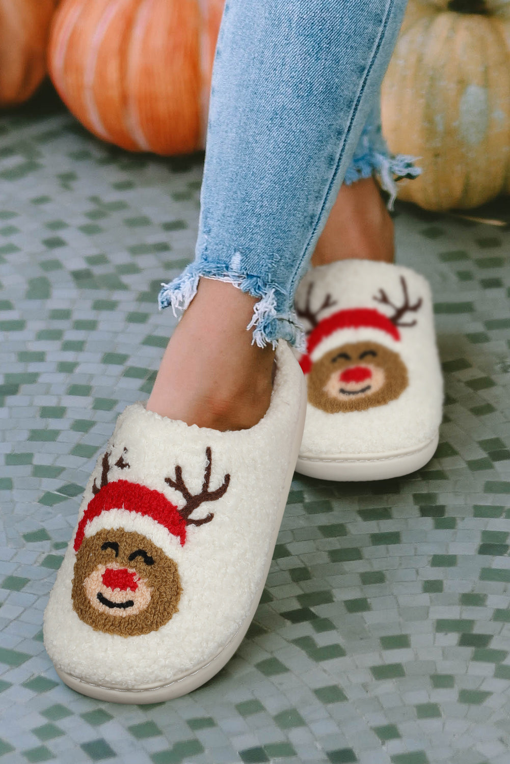 White Christmas Deer Home Indoor Plush Slippers - The Red Leopard Boutique 