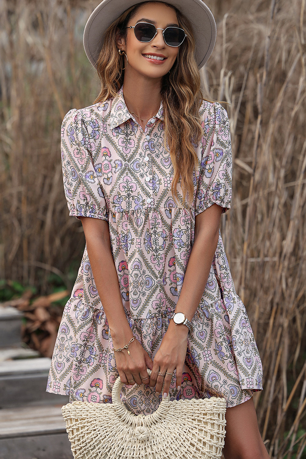 Pink Floral Button Shirt Collar Puff Sleeve Ruffle Dress - The Red Leopard Boutique 