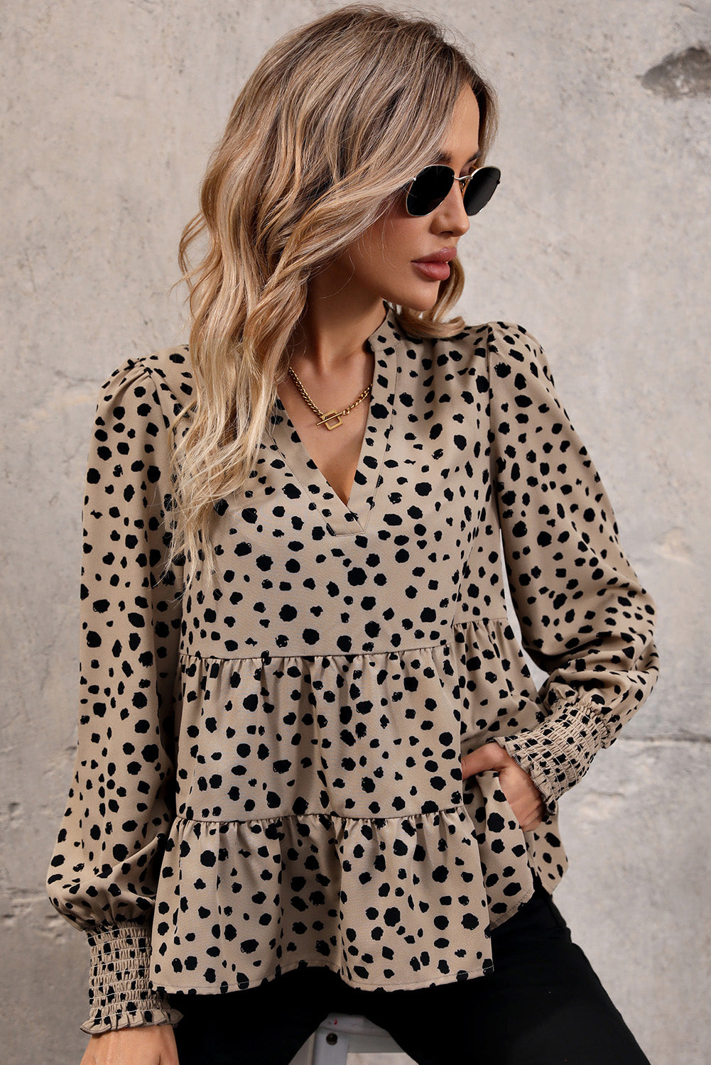 Taupe Casual Leopard Print V Neck Bodydoll Blouse