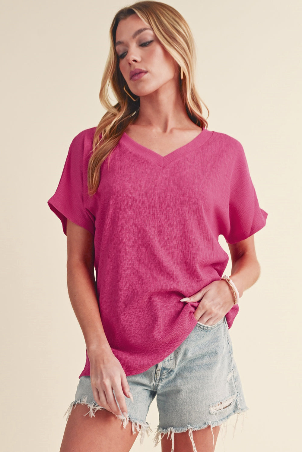 Black Plain Crinkled V Neck Short Sleeve Blouse