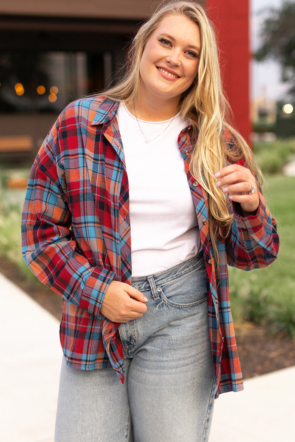 Orange Plus Size Plaid Print Buttoned Shirt