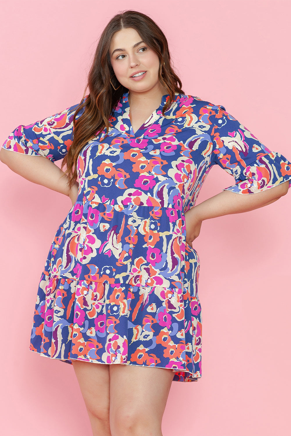 Blue Plus Size Floral Print Ruffled 3/4 Sleeve Mini Dress