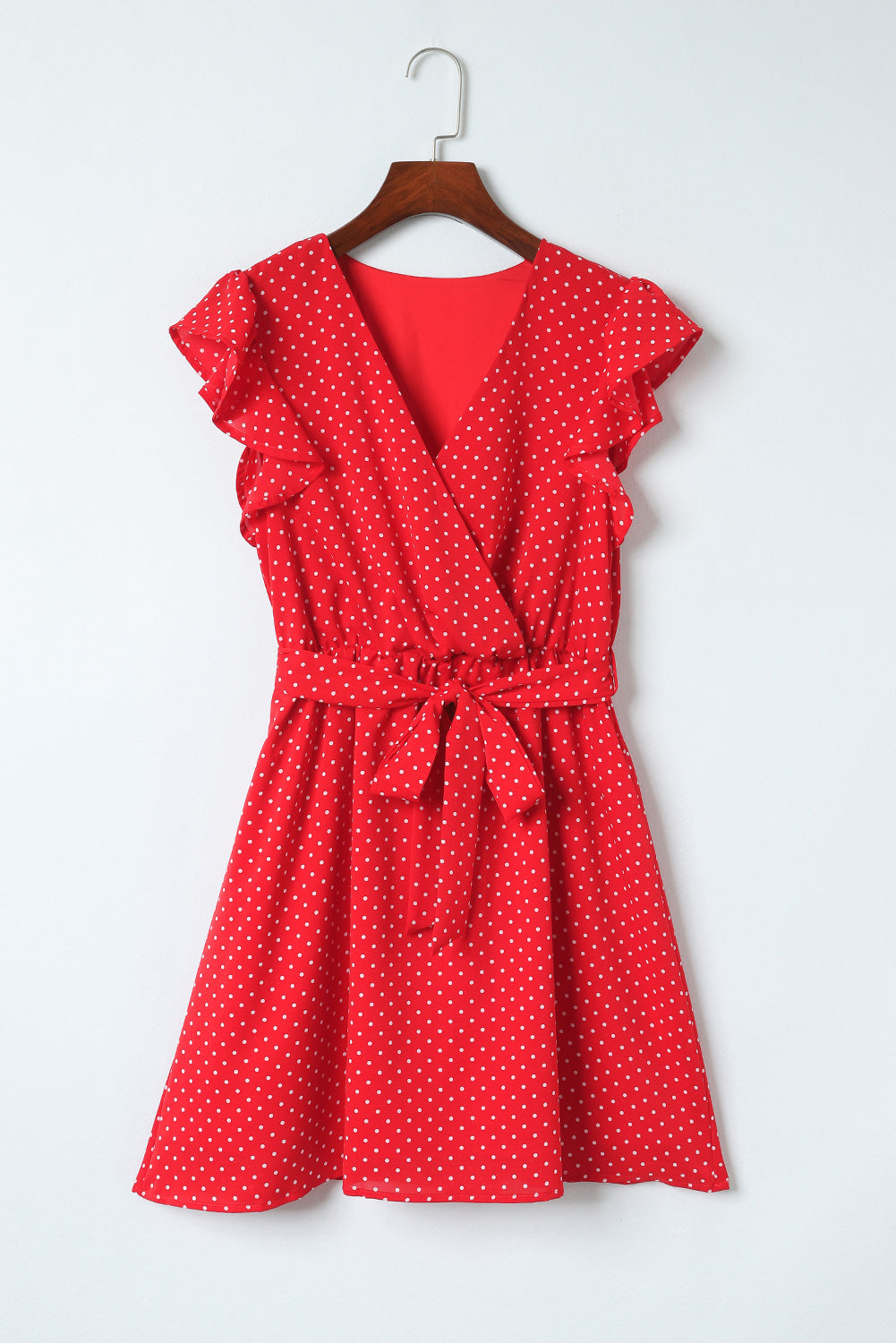 Fiery Red Polka Dot V Neck Ruffle Sleeve Dress - The Red Leopard Boutique 