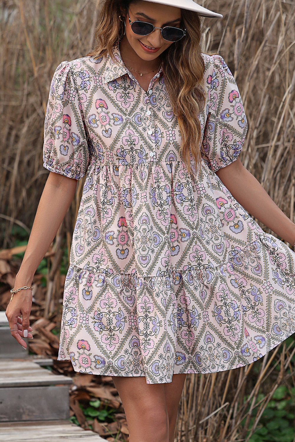 Pink Floral Button Shirt Collar Puff Sleeve Ruffle Dress - The Red Leopard Boutique 