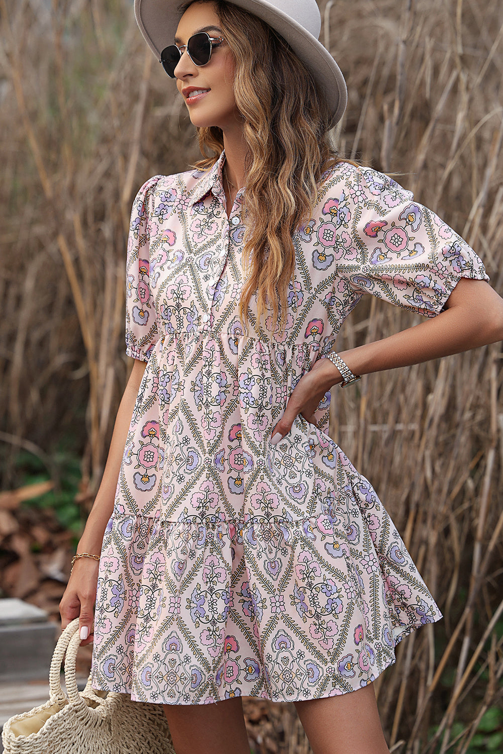 Pink Floral Button Shirt Collar Puff Sleeve Ruffle Dress - The Red Leopard Boutique 