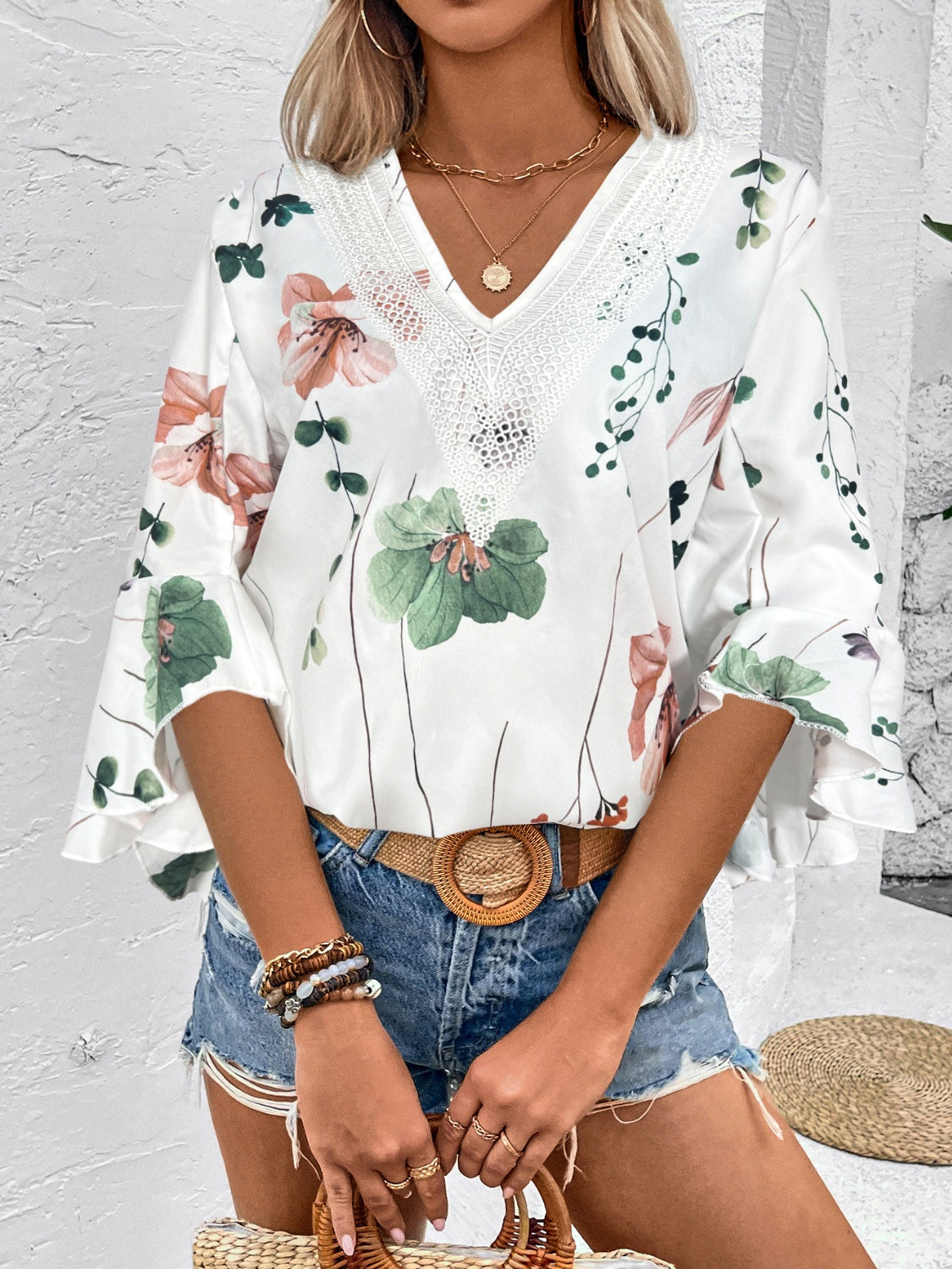 Ruffled Printed V-Neck Half Sleeve Blouse