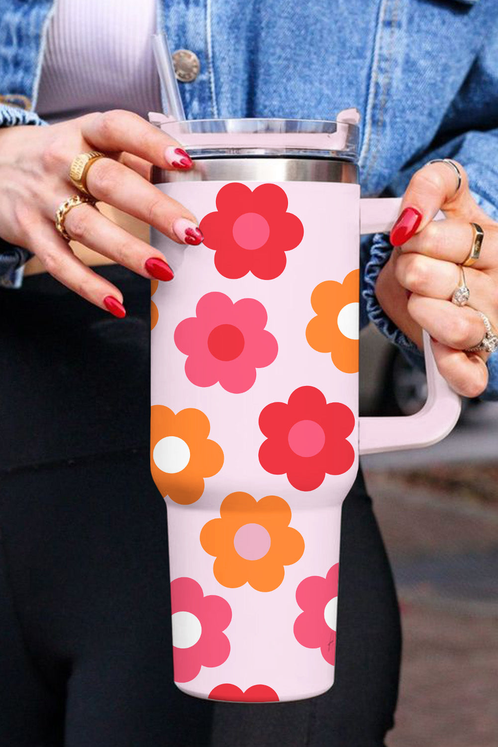 Multicolor Flower Print Handled Stainless Steel Vacuum Cup - The Red Leopard Boutique 