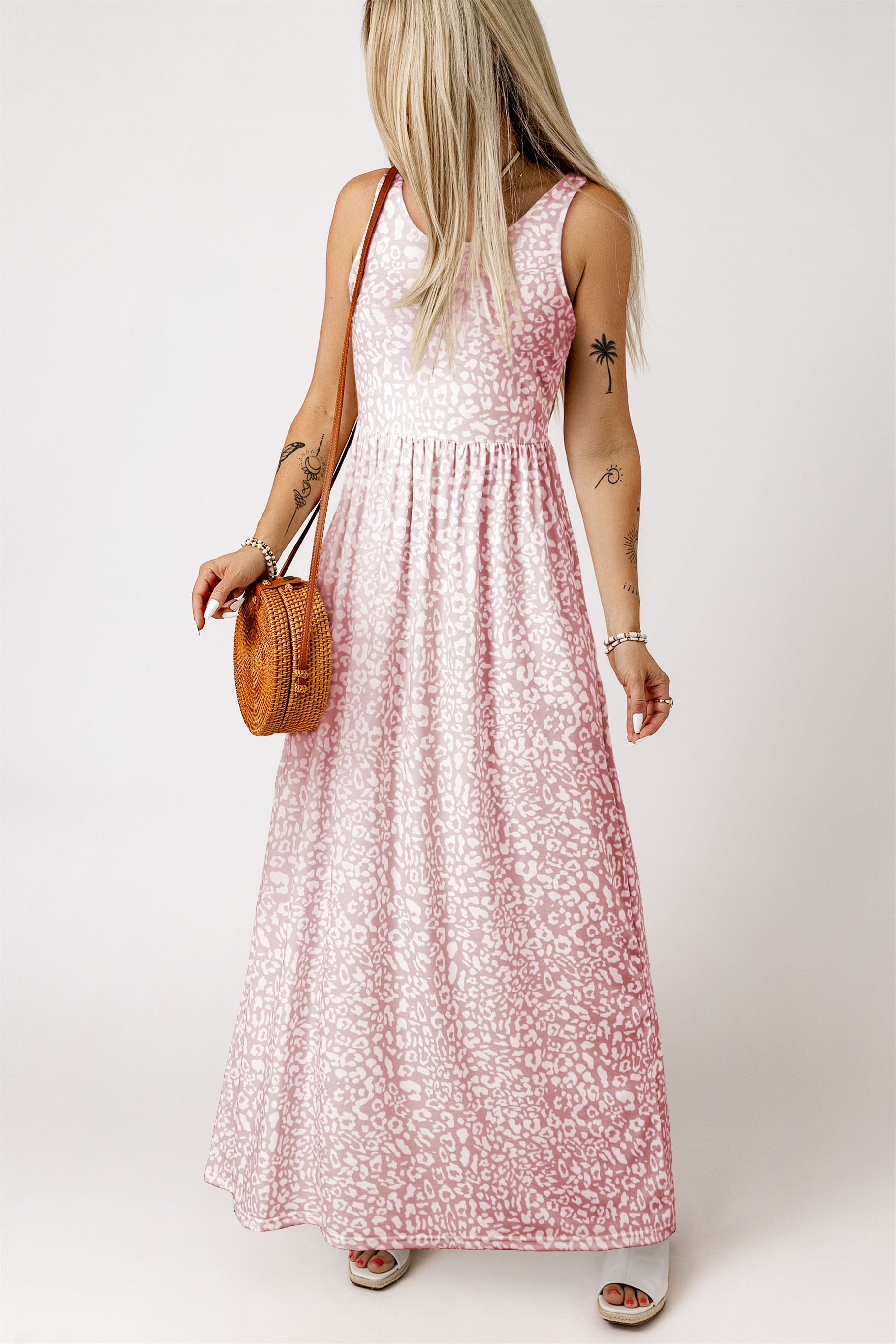 Pink Leopard Print Pocketed Sleeveless Maxi Dress - The Red Leopard Boutique 