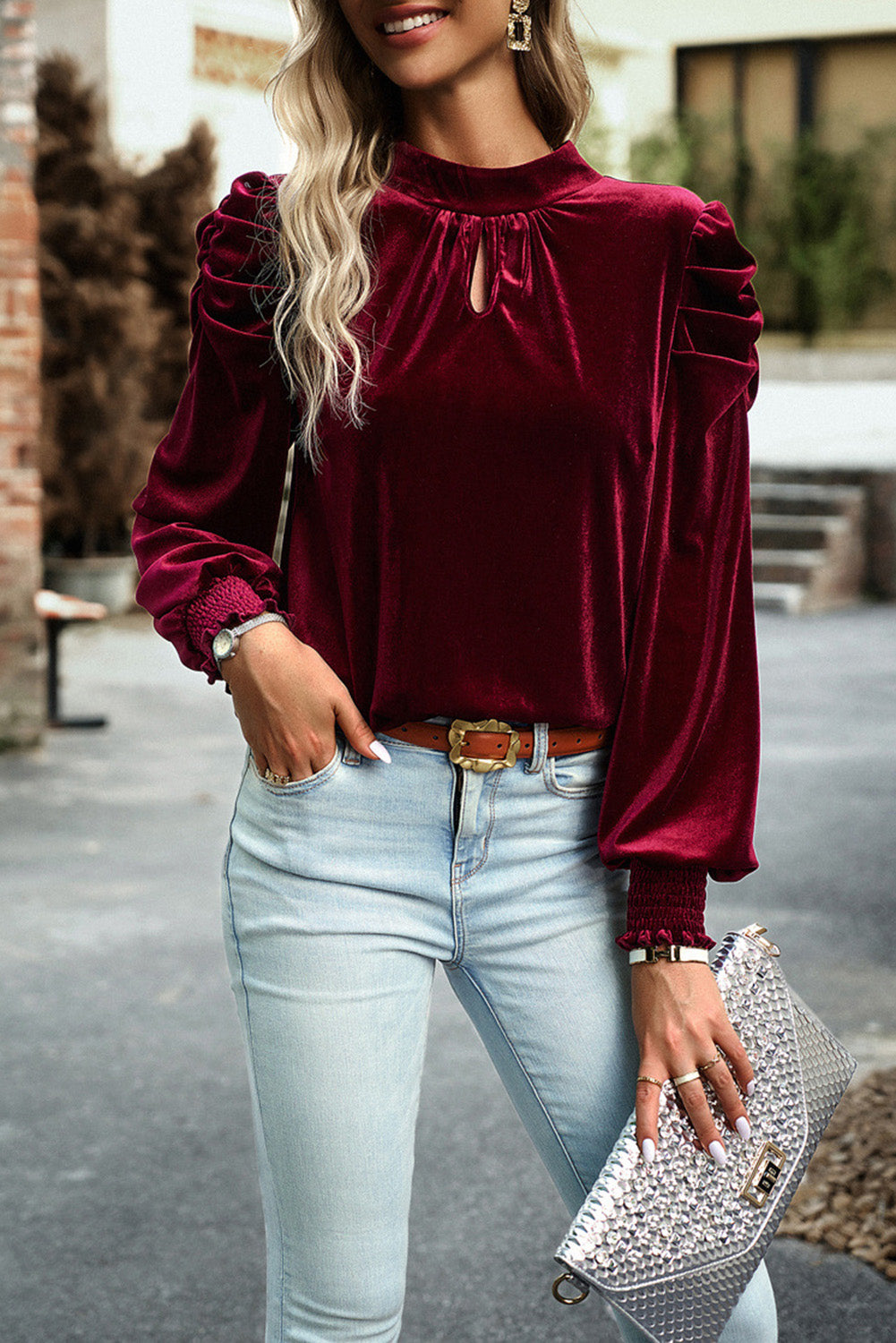 Fiery Red Mock Neck Puff Sleeve Velvet Blouse - The Red Leopard Boutique 