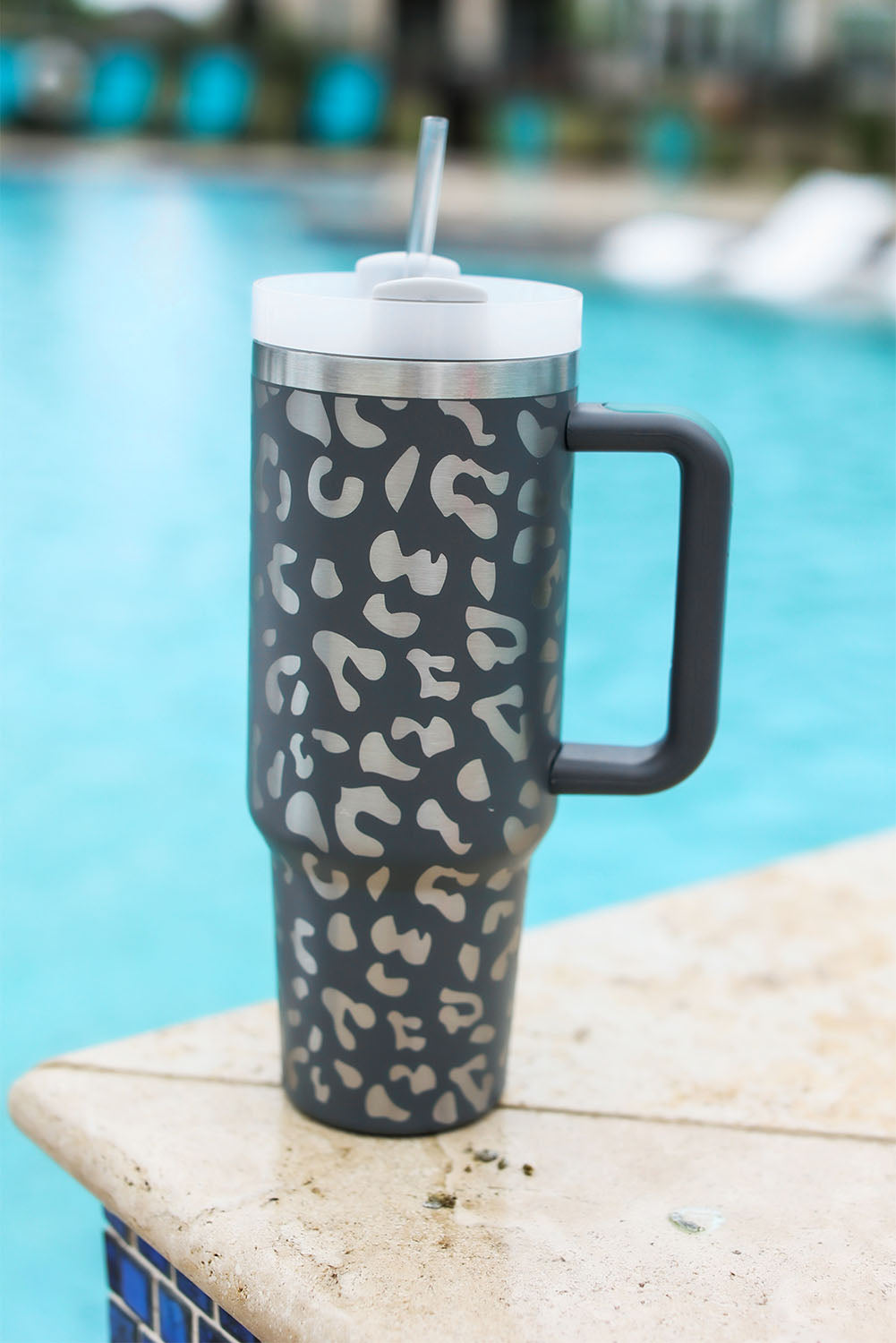 Gray Leopard Print 40OZ Stainless Steel Portable Cup with Handle - The Red Leopard Boutique 