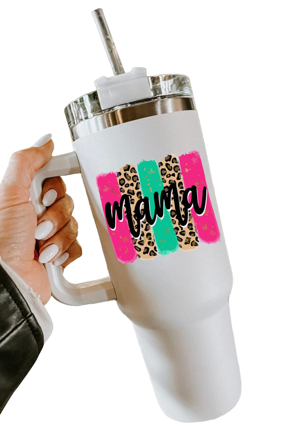 White mama Leopard Colorblock Handle Portable Cup 40oz - The Red Leopard Boutique 