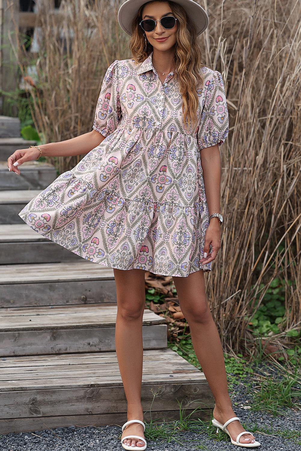 Pink Floral Button Shirt Collar Puff Sleeve Ruffle Dress - The Red Leopard Boutique 