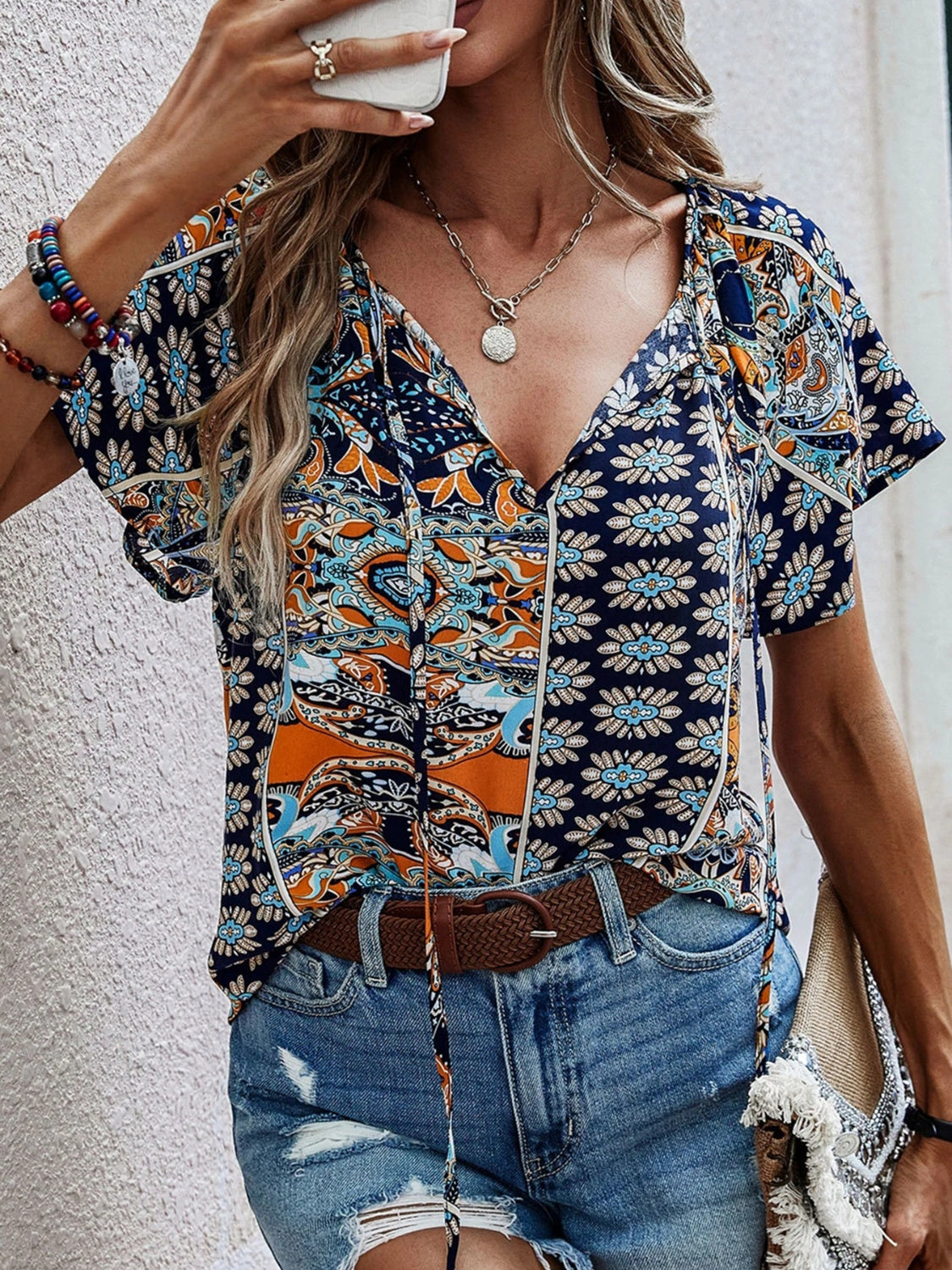 Printed Tie Neck Short Sleeve Blouse