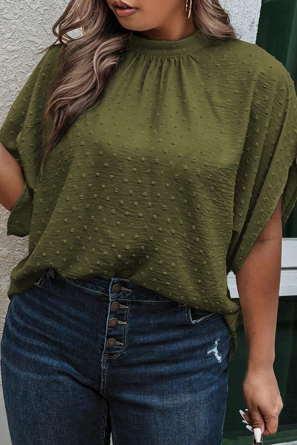 Moss Green Plus Size Swiss Dot Mock Neck Tied Nape Top