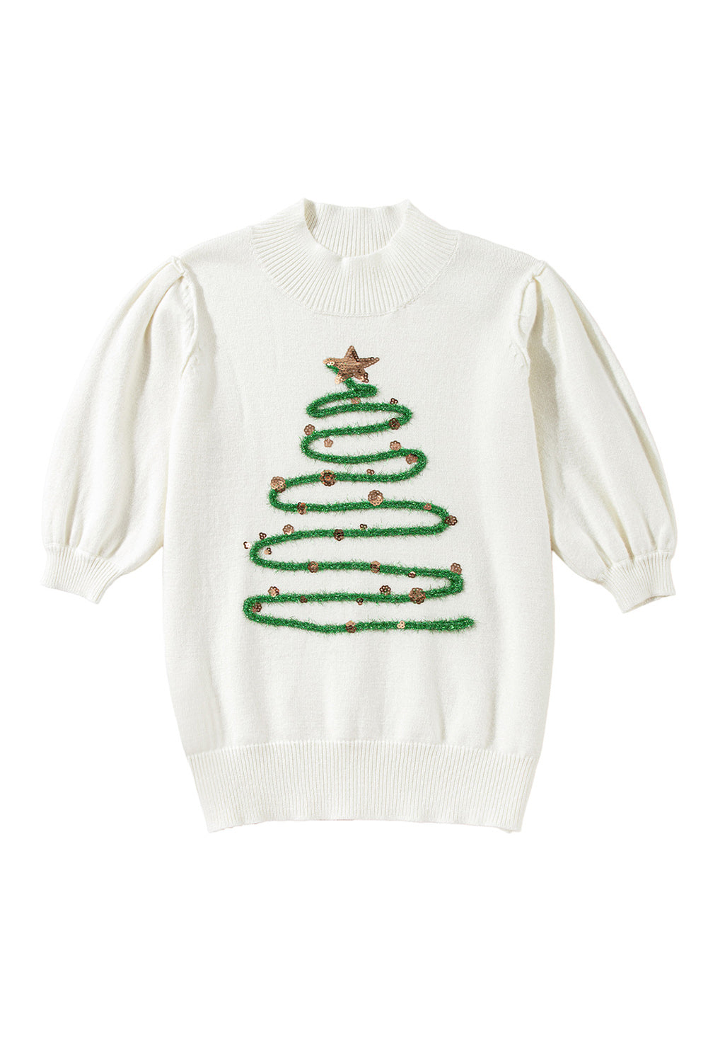 White Tinsel Christmas Tree Graphic Puff Sleeve Sweater