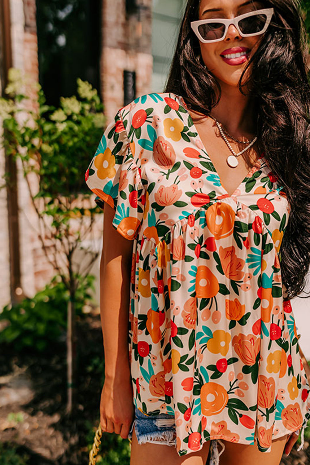 Apricot Floral Print Short Sleeve V Neck Tied Back Blouse