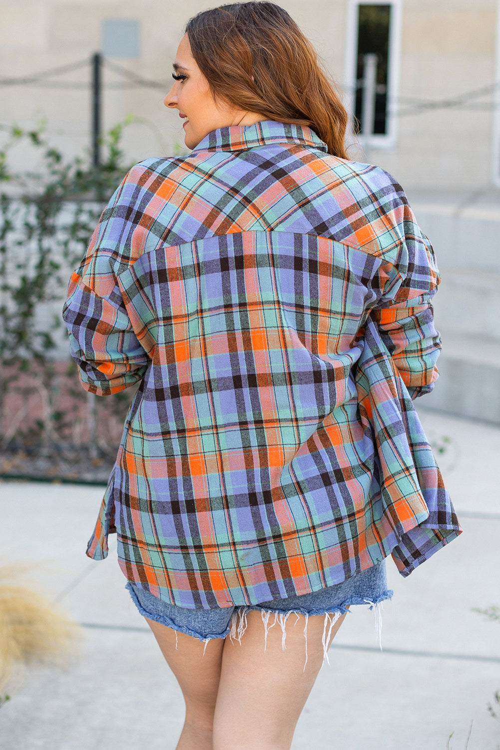 Orange Plus Size Plaid Print Buttoned Shirt