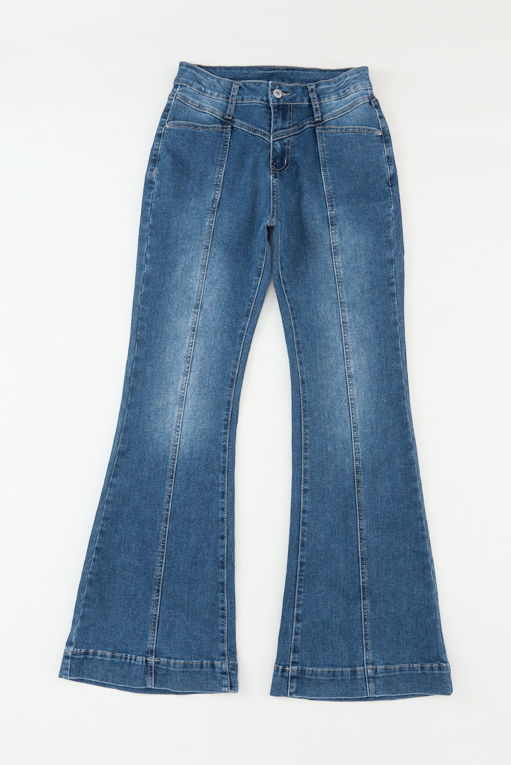 Blue High Waist Seam Stitching Pocket Flare Jeans - The Red Leopard Boutique 