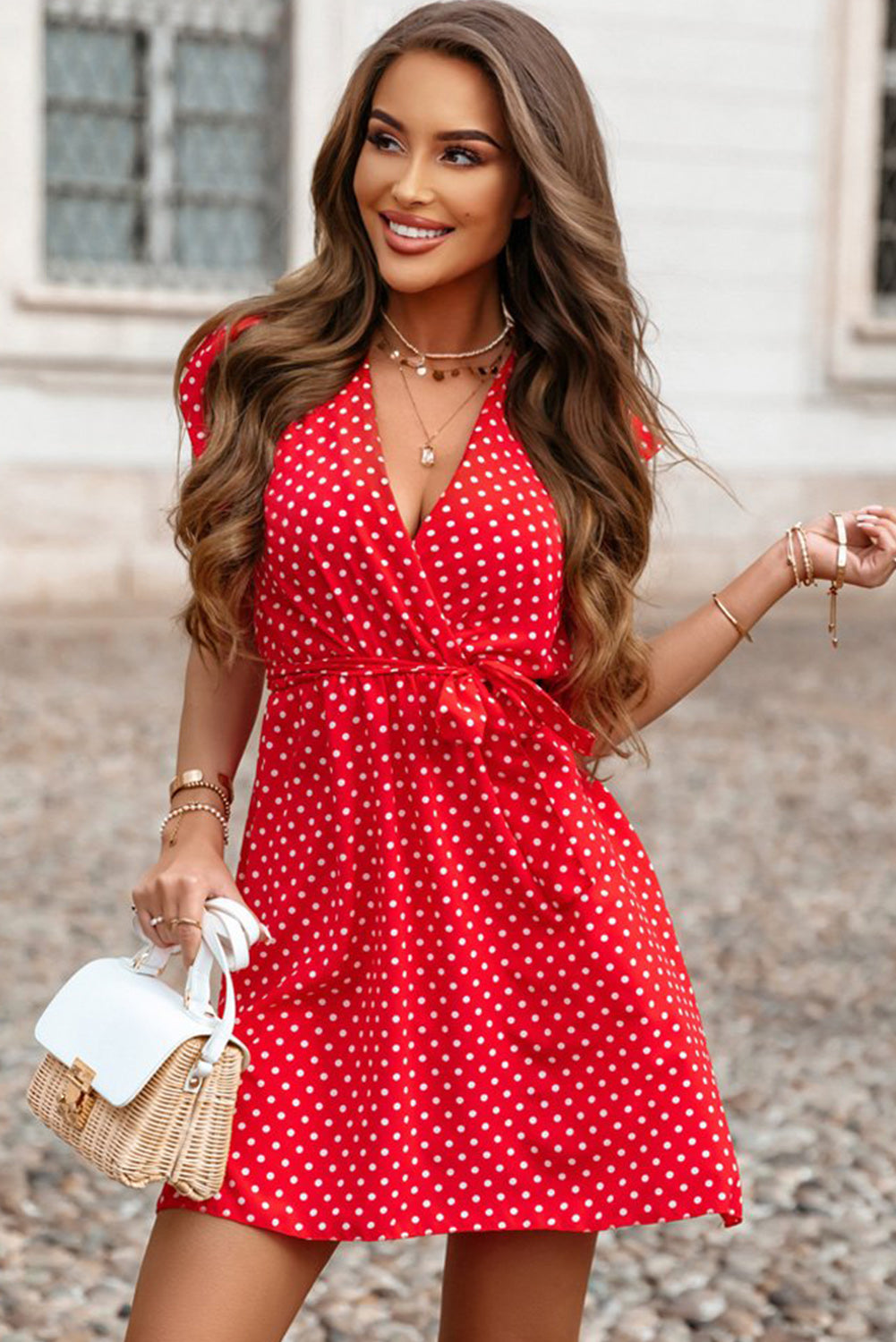 Fiery Red Polka Dot V Neck Ruffle Sleeve Dress - The Red Leopard Boutique 