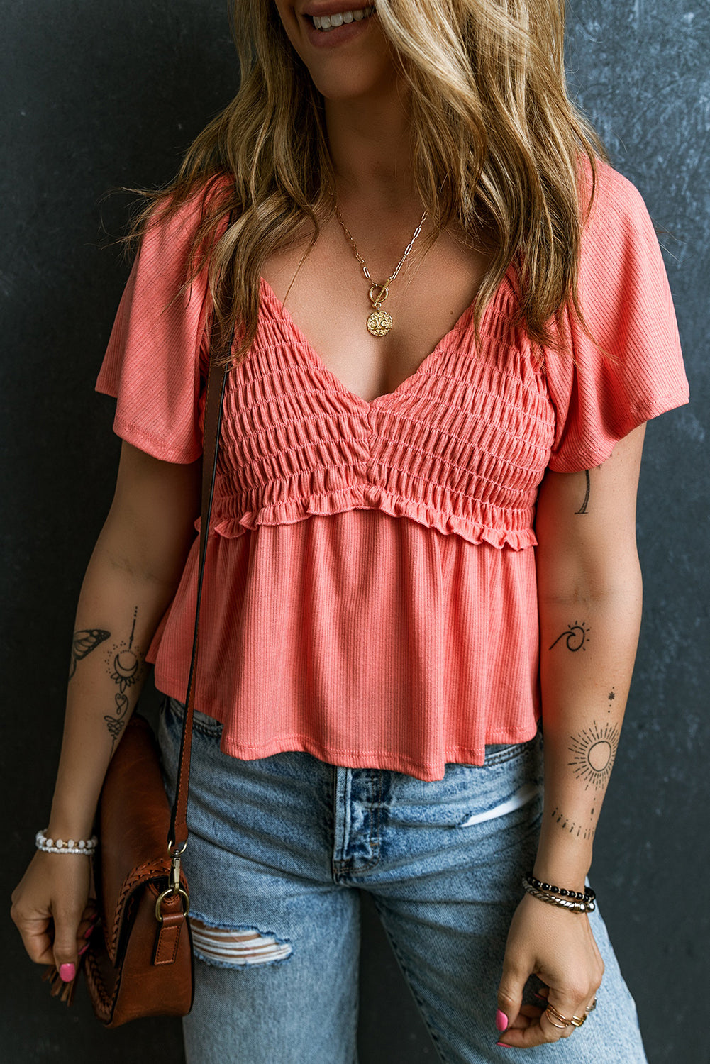 Black Shirred V Neck Short Flutter Sleeve Textured Blouse