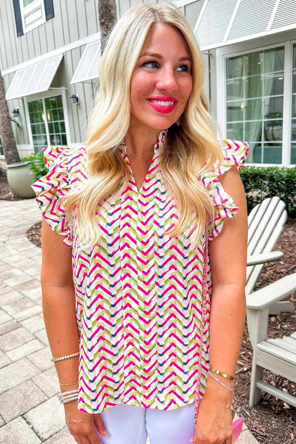 Multicolour Chevron Print Ruffled Sleeve Blouse