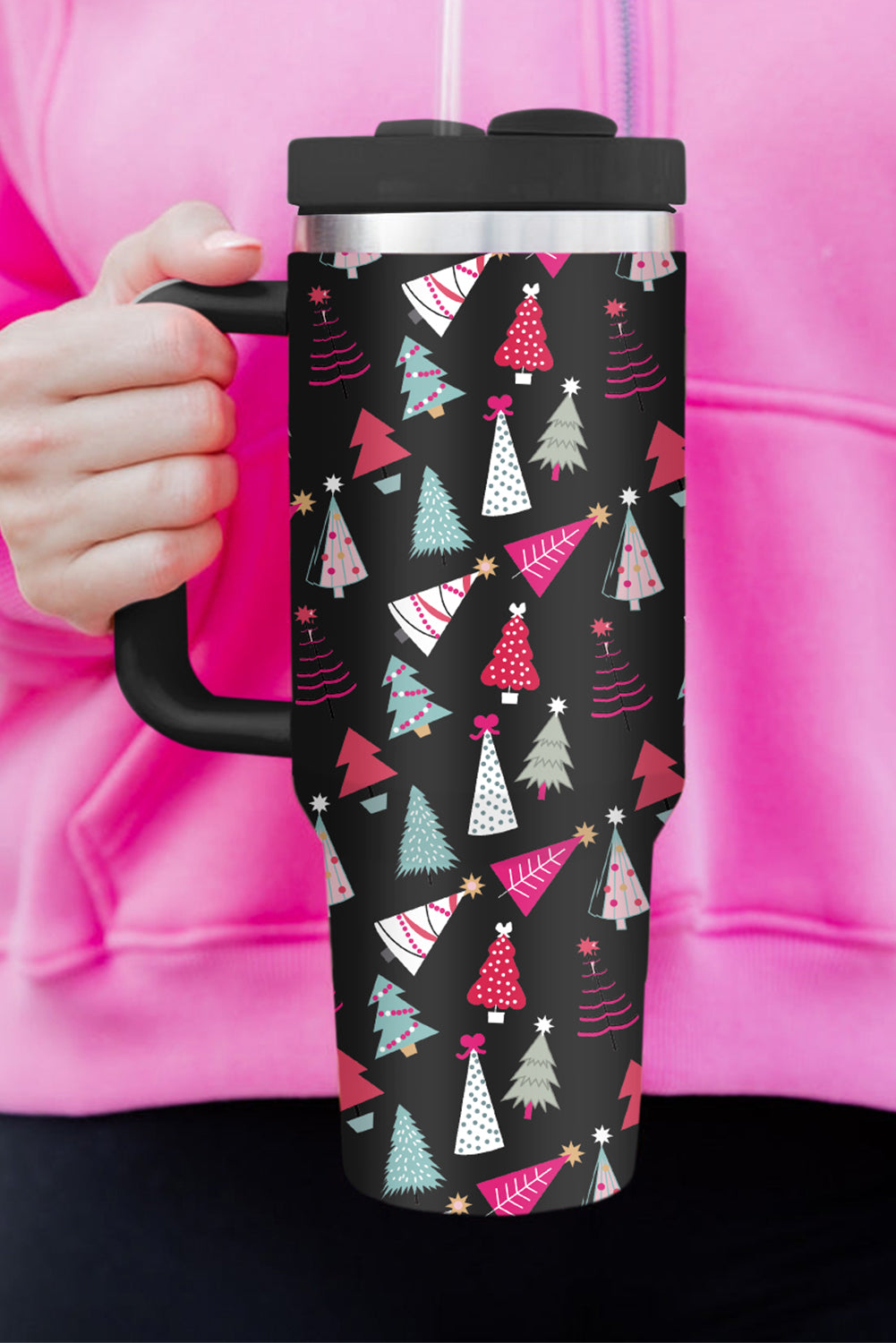 Black Cartoon Christmas Tree Printed Thermos Cup