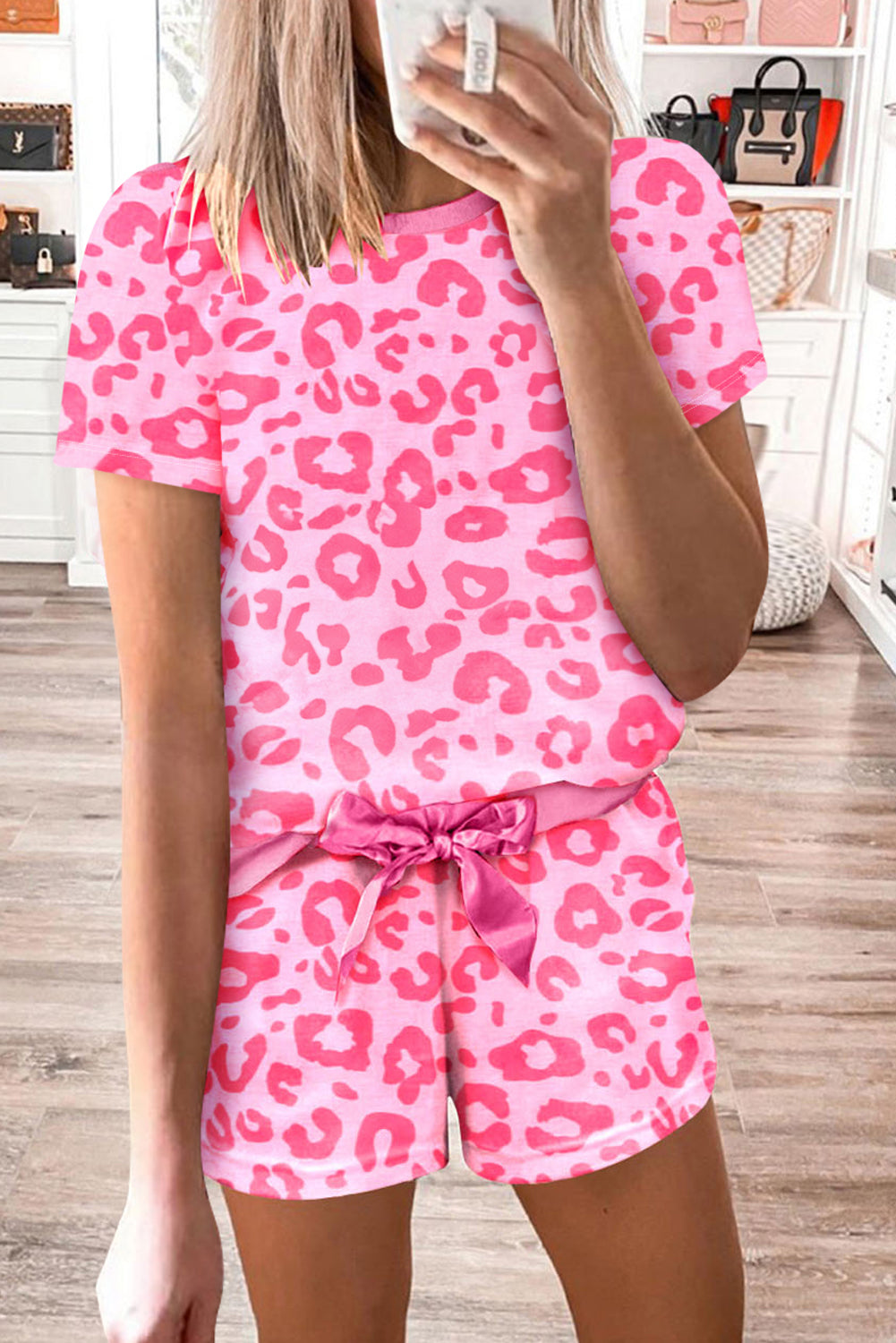 Pink Leopard Print Tee and Satin Tie Shorts Lounge Set