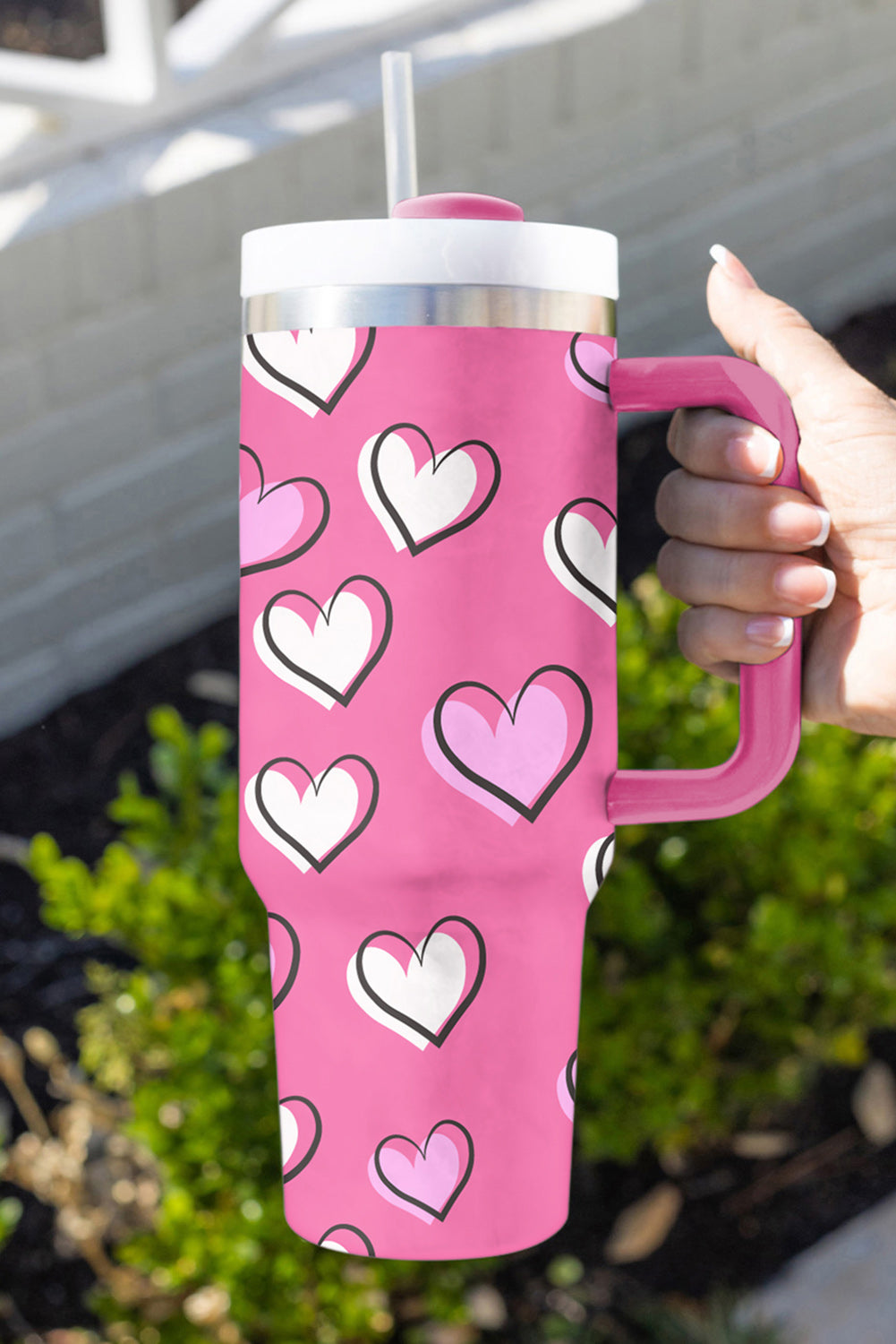 Rose Red Valentines Heart Printed Thermos Cup with Handle - The Red Leopard Boutique 