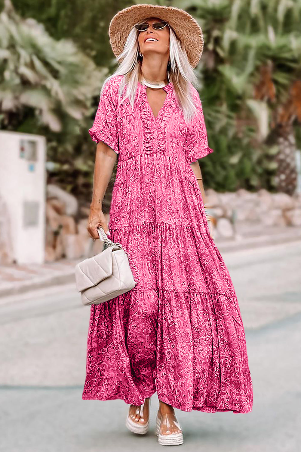 Pink Paisley Print Boho Holiday Ruffle Tiered Maxi Dress - The Red Leopard Boutique 