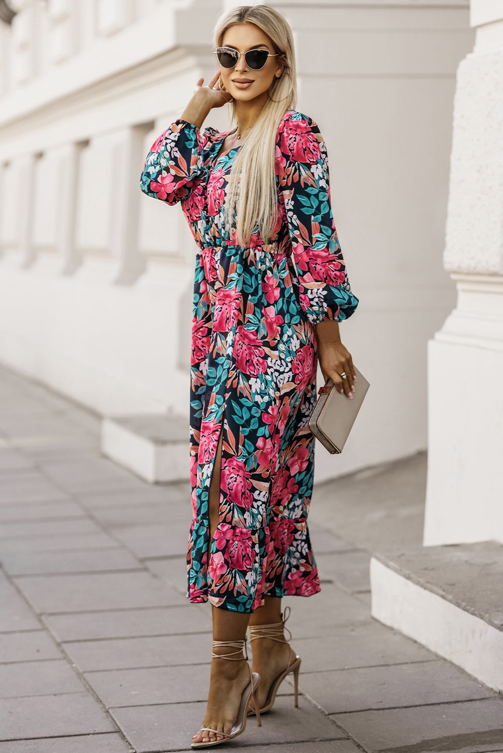 Fiery Red V Neck Elastic High Waist Split Floral Dress - The Red Leopard Boutique 