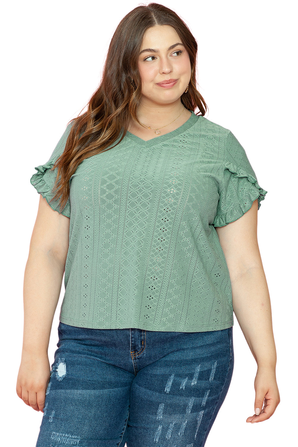 Laurel Green Petal Sleeve Jacquard V Neck Curvy Blouse