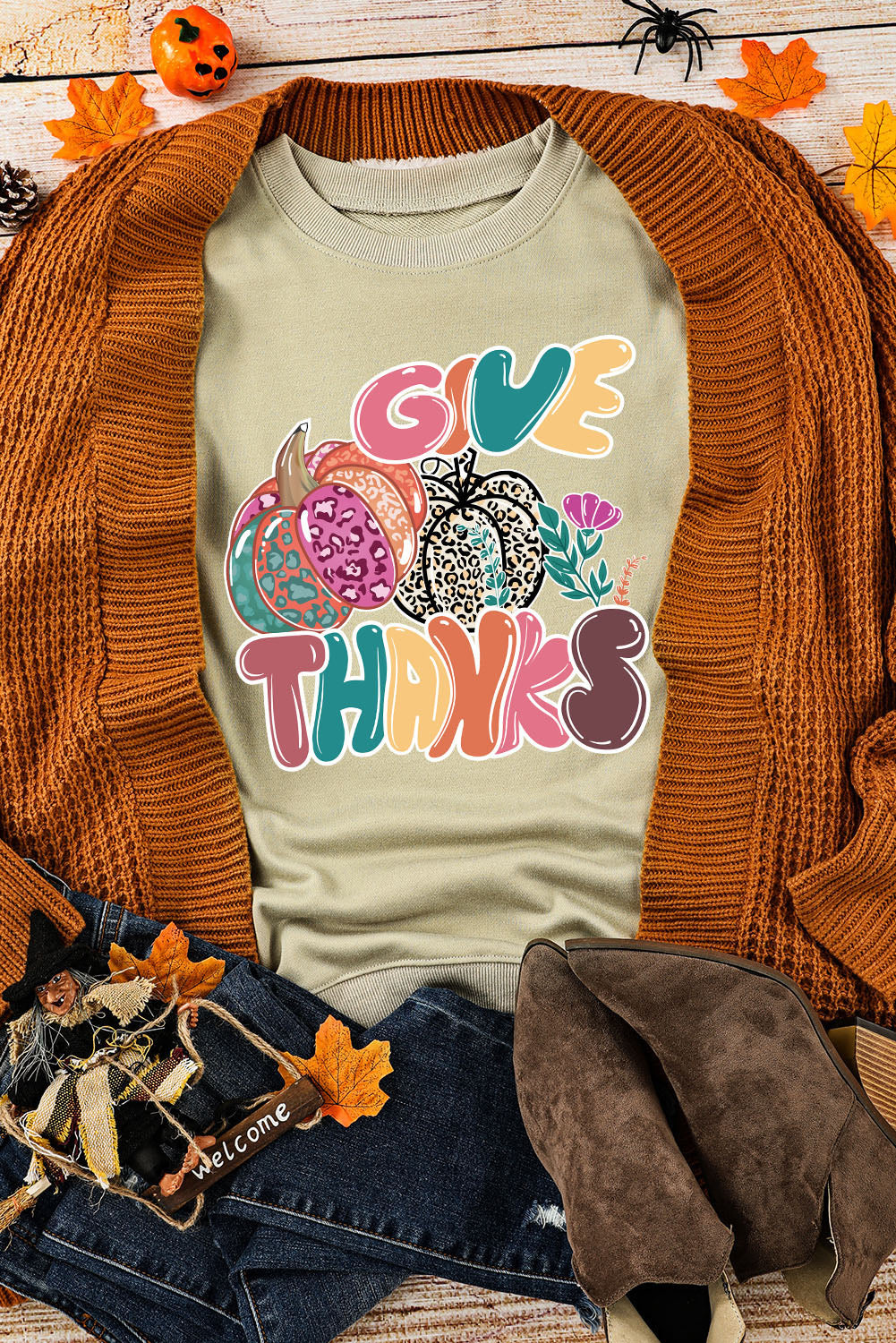 Khaki Give Thanks Pumpkin Print Graphic Crew Neck Sweatshirt