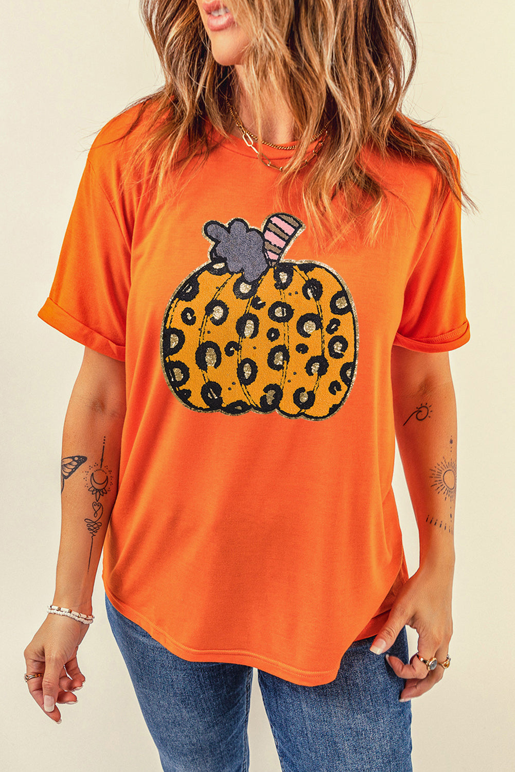 Orange  Leopard Pumpkin Crew Neck Graphic Tee