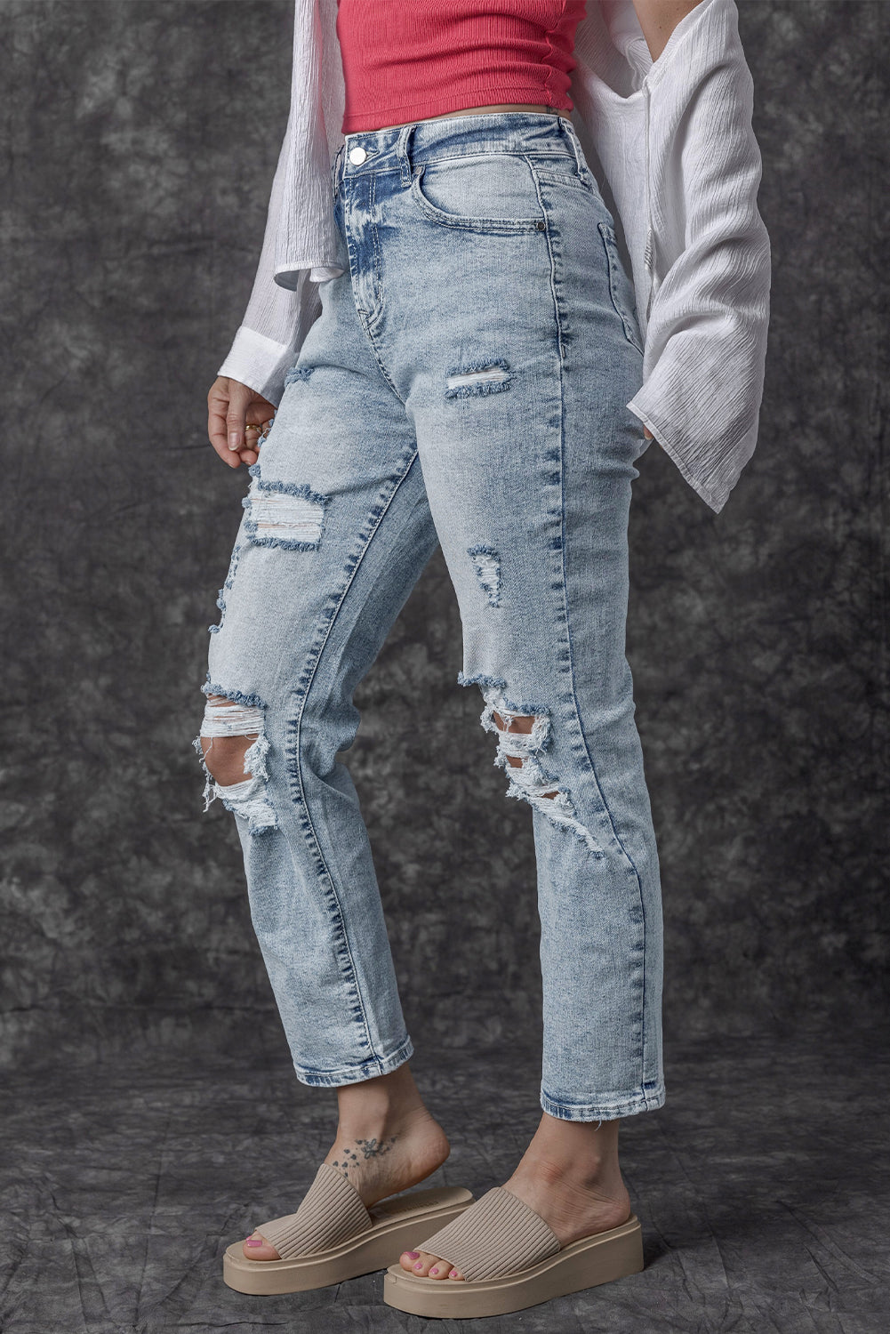 Sky Blue Light Wash Frayed Slim Fit High Waist Jeans - The Red Leopard Boutique 