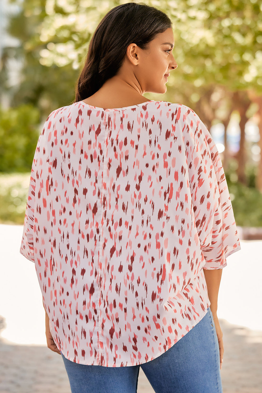 Pink Printed 3/4 Dolman Sleeve Plus Size Blouse