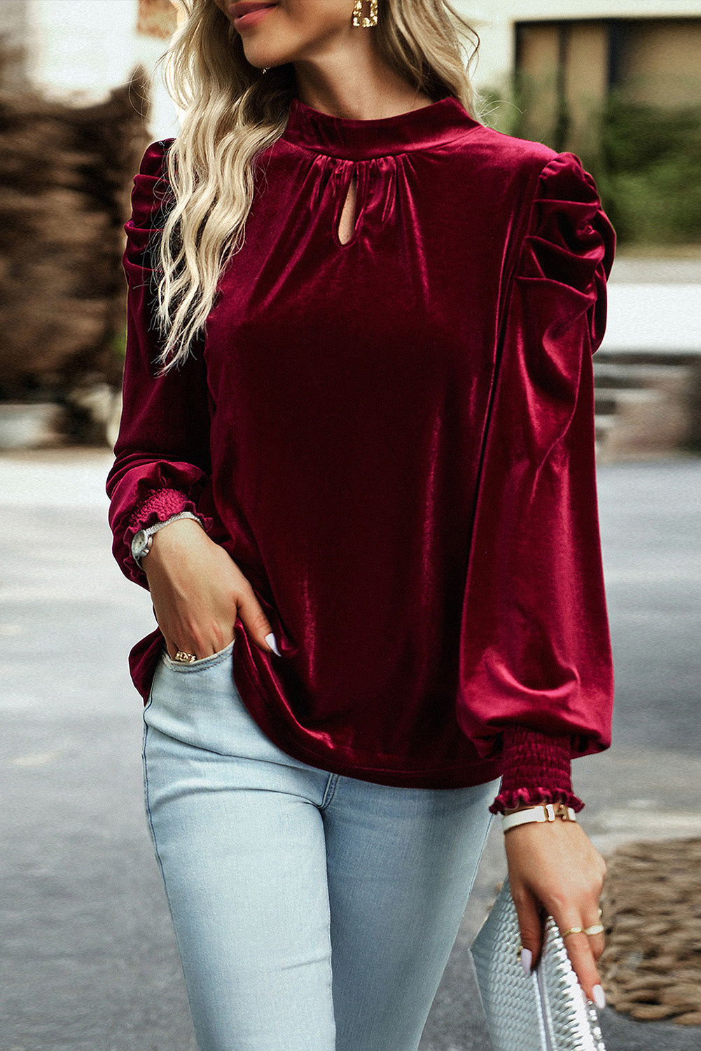 Fiery Red Mock Neck Puff Sleeve Velvet Blouse - The Red Leopard Boutique 